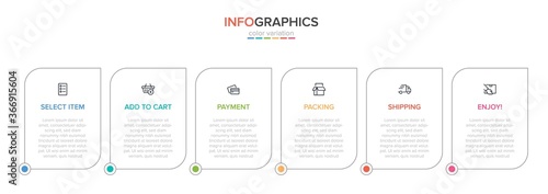Concept of shopping process with 6 successive steps. Six colorful graphic elements. Timeline design for brochure, presentation, web site. Infographic design layout.