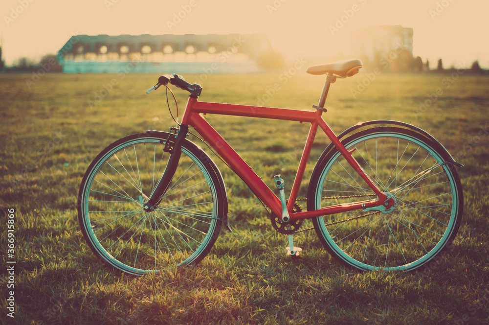 Red bicycle in the field