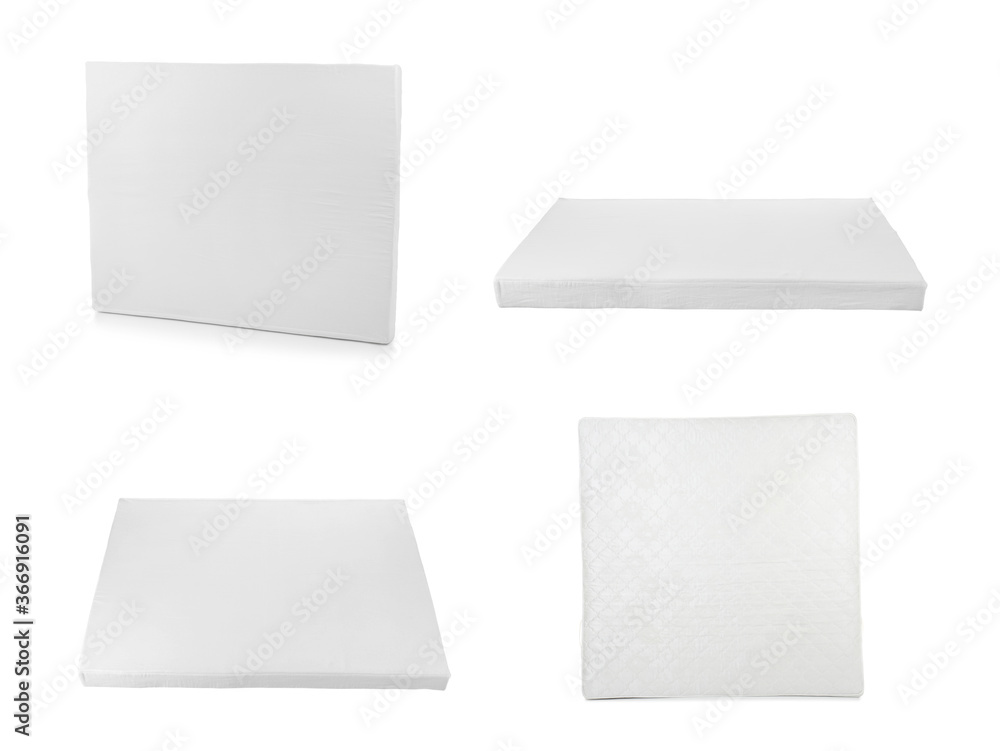 Set with modern comfortable mattresses on white background Set with modern comfortable mattresses on white background