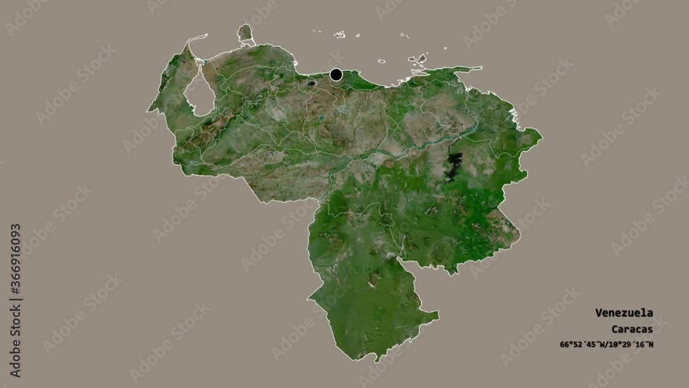 Falcón, state of Venezuela, with its capital, localized, outlined and zoomed with informative overlays on a satellite map in the Stereographic projection. Animation 3D Falcón, state of Venezuela, with its capital, localized, outlined and zoomed with informative overlays on a satellite map in the Stereographic projection. Animation 3D