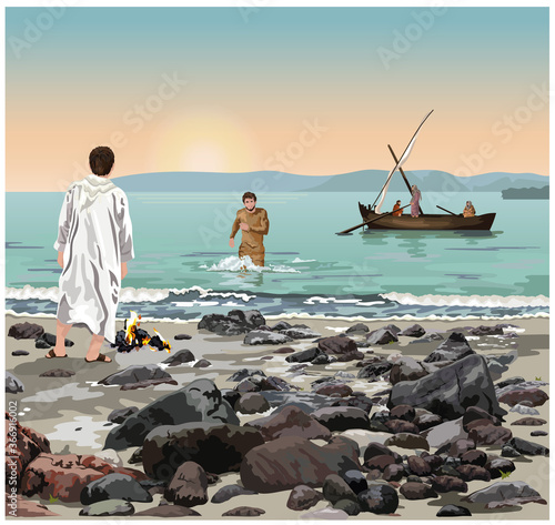 Tablou canvas Jesus Stands On The Edge Of the Sea of Galilee, Cooking Breakfast On A Fire; Sim