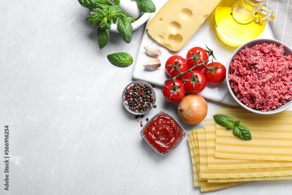 Fresh lasagna ingredients on light grey marble table, flat lay. Space for text Fresh lasagna ingredients on light grey marble table, flat lay. Space for text