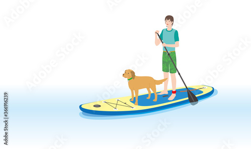 スタンドアップパドルボードを漕ぐ男性とペットの犬