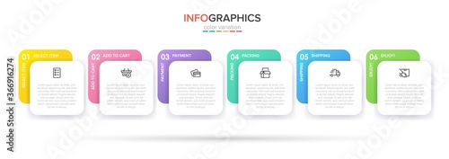 Concept of shopping process with 6 successive steps. Six colorful graphic elements. Timeline design for brochure, presentation, web site. Infographic design layout.
