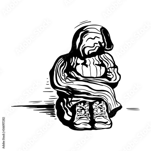 Figure hiding in its sweater. Vector stylized engraving