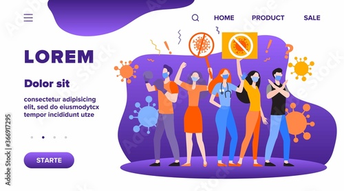 Crowd protesting against coronavirus. People wearing medical masks, holding placards with stop virus sign. Vector illustration for quarantine, society, health protection campaign concept