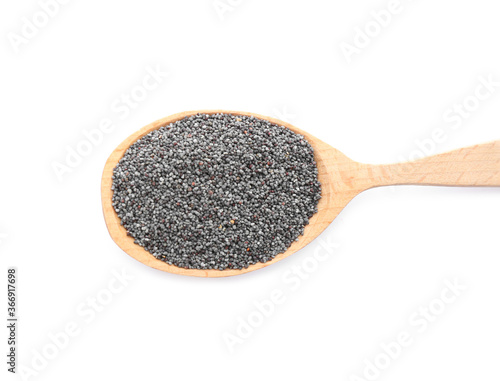 Spoon with poppy seeds isolated on white, top view