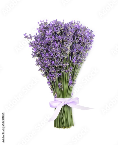 Beautiful bouquet of lavender flowers on white background  top view