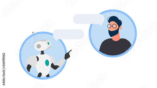 Online shopping banner. A robot in dialogue with a guy. Suitable for apps, sites and topics related to automatic replies and artificial intelligence. Vector.