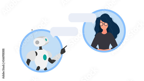 Chat icon. A robot in dialogue with a girl. Suitable for apps, sites and topics related to automatic replies and artificial intelligence. Vector.