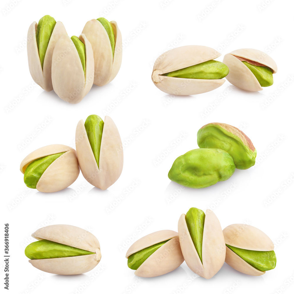 Big collection of tasty pistachios, isolated on white background Big collection of tasty pistachios, isolated on white background