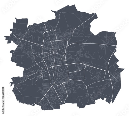 Lodz map. Detailed map of Lodz city poster with streets. Dark vector.