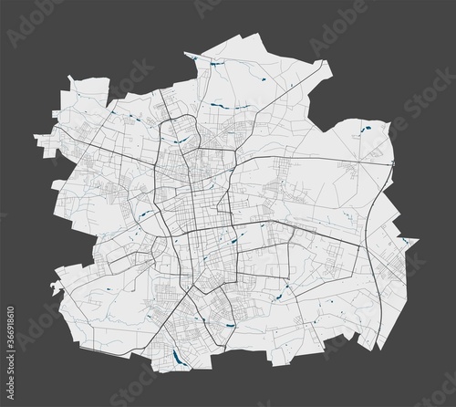 Lodz map. Detailed map of Lodz city poster with streets, water.