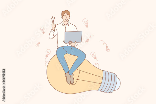 Thinking, idea, success, search, business concept. Young happy smiling businessman guy clerk manager character sitting on light bulb. Creation of idea, problem or trouble solution and brainstorming.