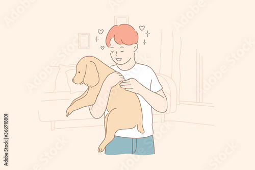 Affection, love, ownership, pet concept. Young happy smiling excited child boy kid owner cartoon character holding dog domestic animal friend in hands. Responsibility and care for puppy illustration.