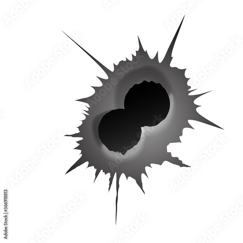 Bullet double hole on white background. Realisic metal bullet hole, damage effect. Vector illustration.