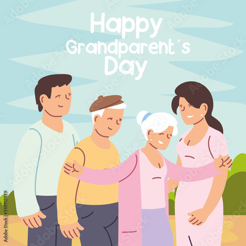 happy family, granddaughter, grandson and grandparents celebrating grandparents day