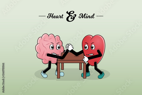 Heart and mind are arm wrestling. They compete against each other to solve their differences. Vector simple illustration