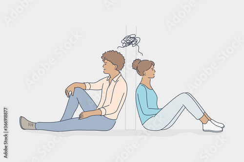 Couple, divorce quarrel, crisis, family concept. Young angry man boyfriend and woman girlfriend husband wife characters sitting separately from each other. Relationship break up and misunderstanding.