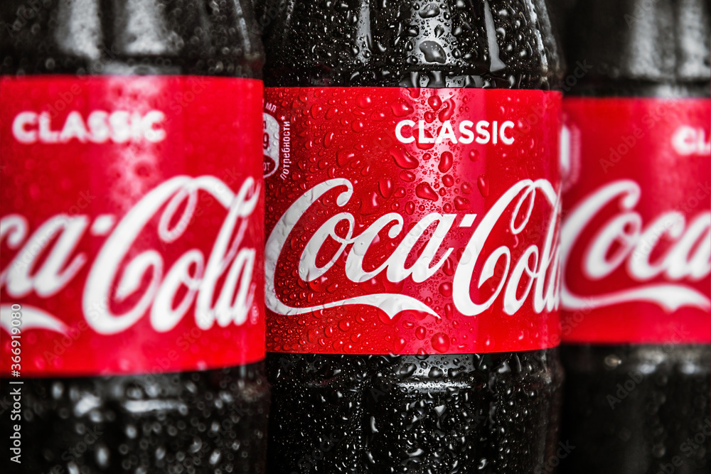 Moscow Cola Moscow, Russia-July 9, 2020: Coca Cola in bottles. Coca-Cola is a ...