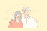 Couple, relationship, embrace, love concept. Old man grandfather and woman grandmother granny senior citizens cartoon characters hugging together and looking at camera. Portrait of elderly pensioners.