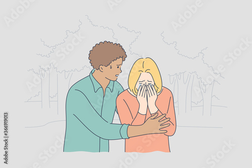 Couple, support, depression, mental stress, frustration concept. Young african american man boyfriend husband comforting crying depressed frustrated woman girlfriend wife. Help in relationship calming