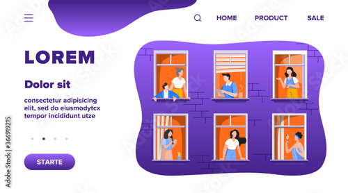 Apartment building with people in open window spaces. Neighbors drinking coffee, talking, using cell. Vector illustration for block of flat, condo, neighborhood, community, house friendship concept
