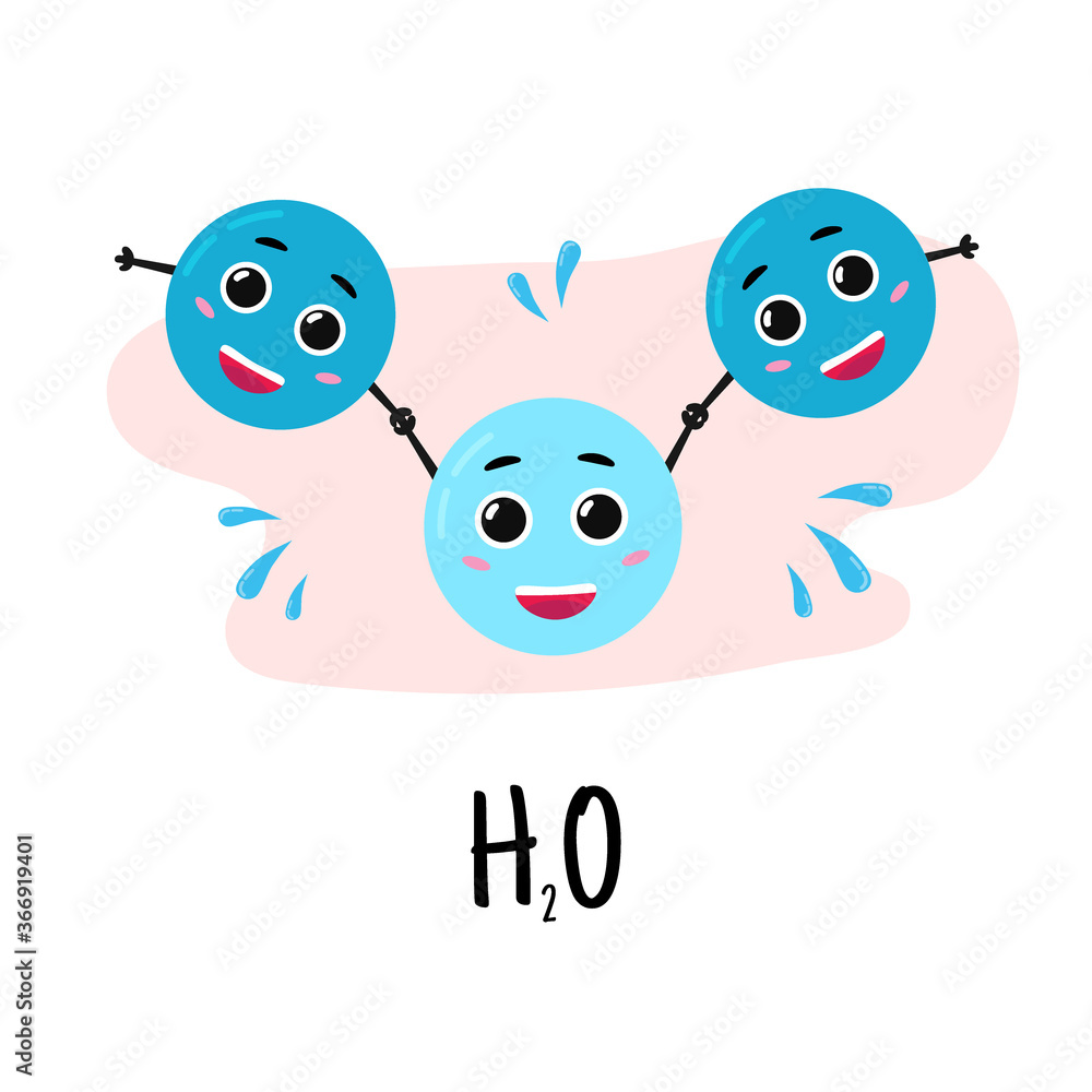 Water molecule. Cartoon illustration of water formula H2O. Oxygen,  hydrogen. Vector. Stock Vector