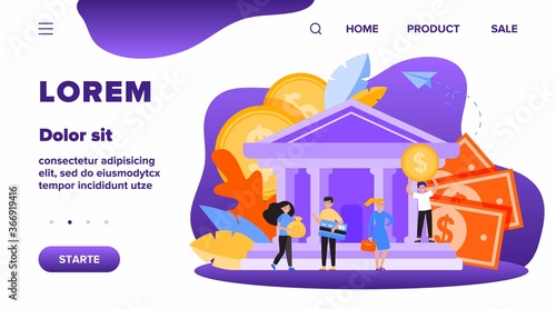 Business people with money and credit card standing near bank building. Queue of customers visiting bank office. Flat vector illustration for finance, payment, transaction, service concepts