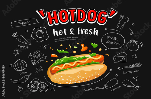 Hot dog vector, hot and fresh, food drawing black and white poster design isolated on black background, illustration
