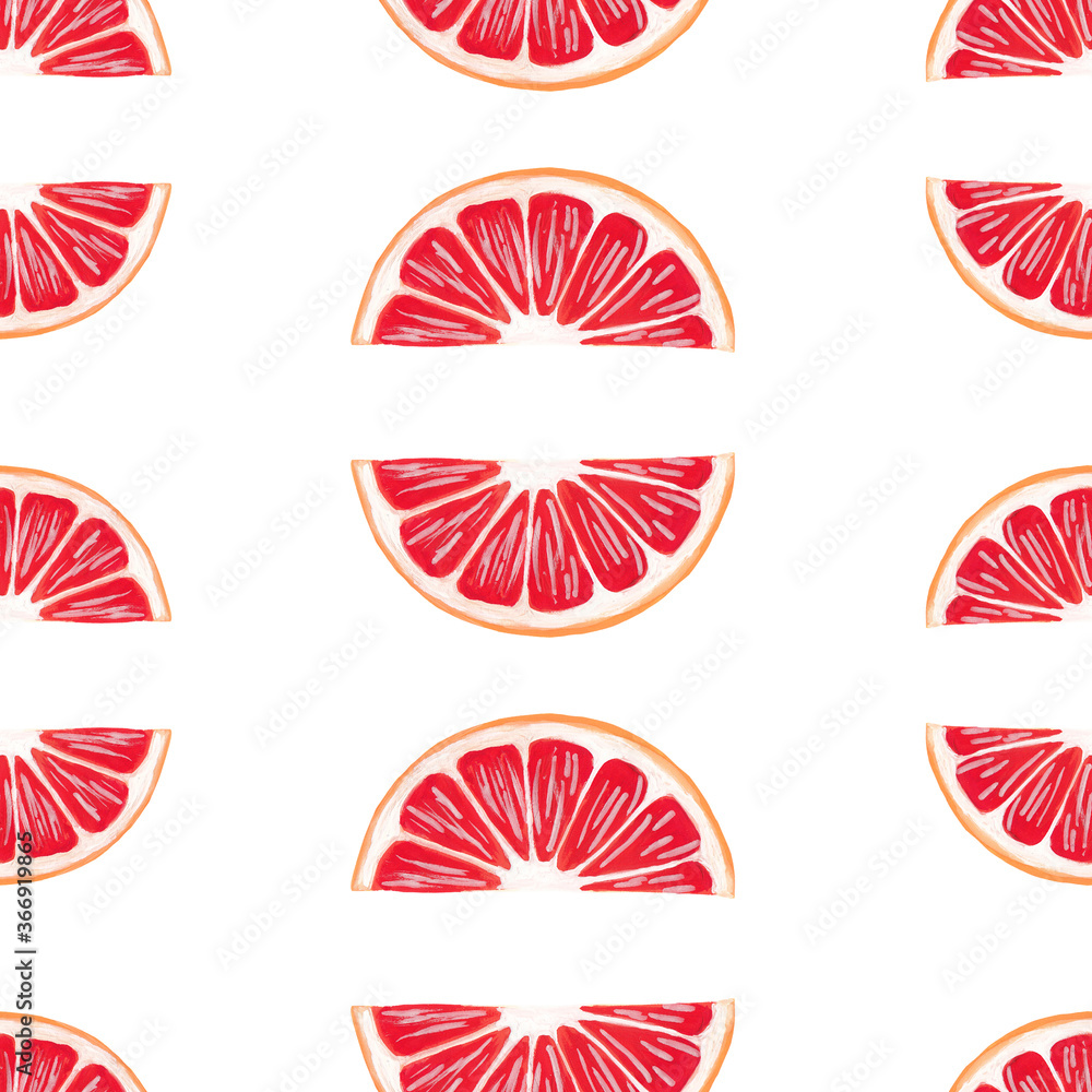 seamless grapefruit print on a white background. Raster seamless texture of grapefruit slices isolated on white square. Dense timeless drawing of red citrus hand drawn