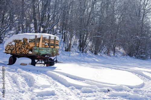 Trailer loaded with fire wood - Firewood, a renewable fuel, on a trailer in winter in a snowy environment.