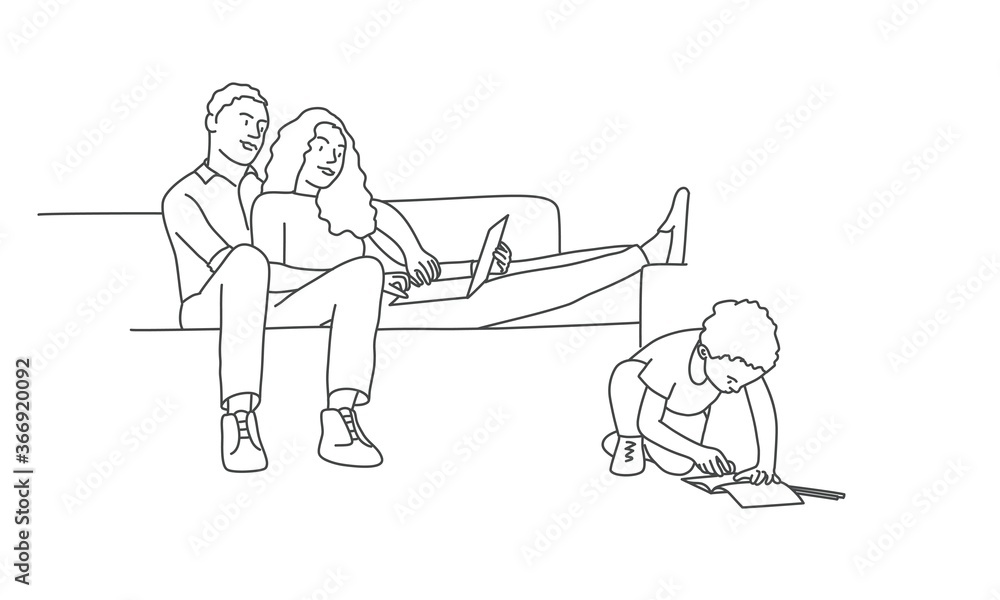 Happy family at home. Parents are relaxing on the couch. Boy draws on the floor. Line drawing vector illustration. Happy family at home. Parents are relaxing on the couch. Boy draws on the floor. Line drawing vector illustration.