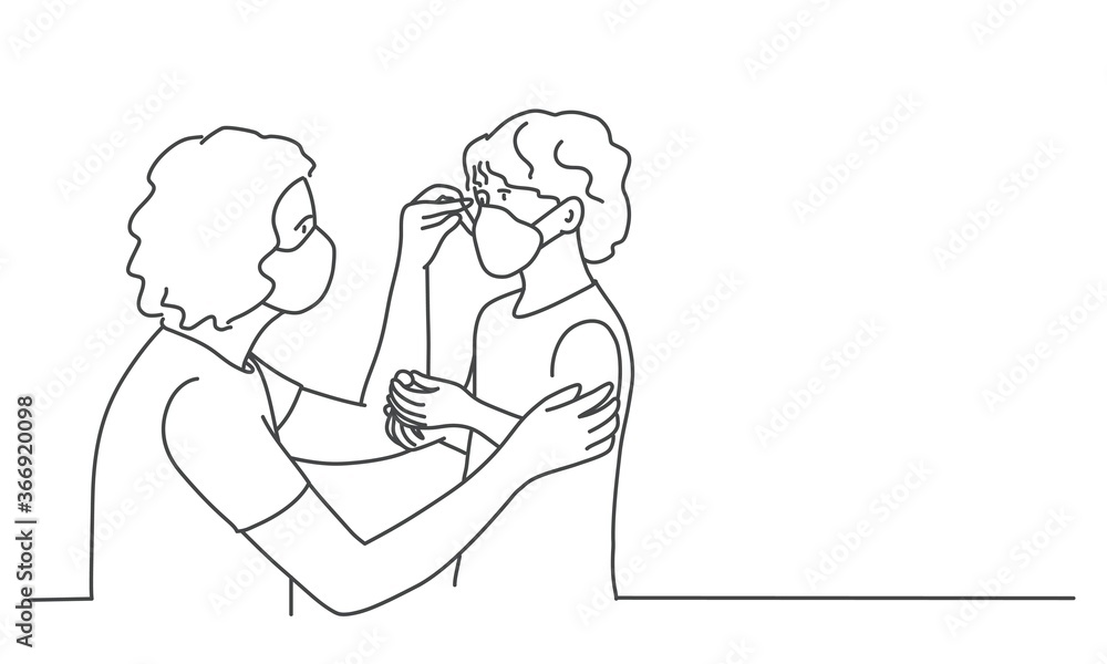 Mother and son or daughter wearing protective masks. Line drawing vector illustration. Mother and son or daughter wearing protective masks. Line drawing vector illustration.