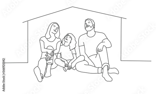 Happy family at home. Line drawing vector illustration.