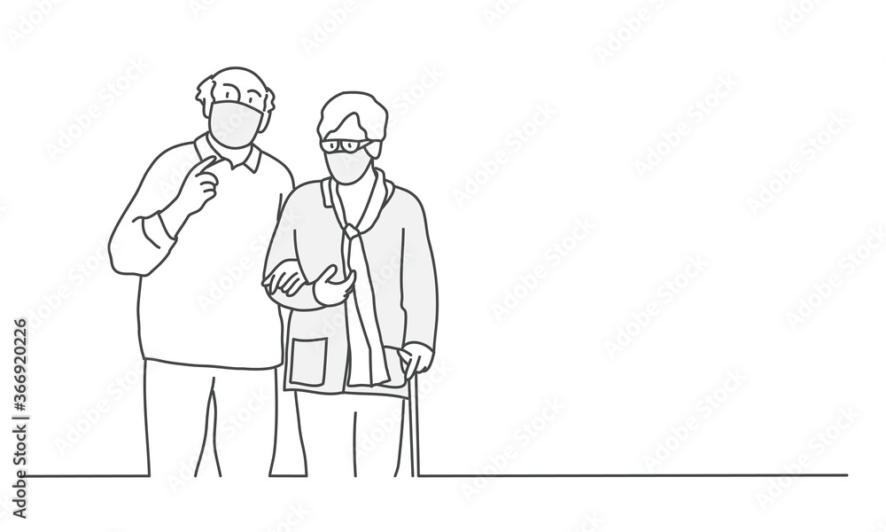 Old couple wearing protective masks. Line drawing vector illustration.