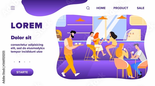 Coffee shop interior vector illustration. Young men and women drinking coffee at tables or counter. Modern cafe image for canteen or catering concept