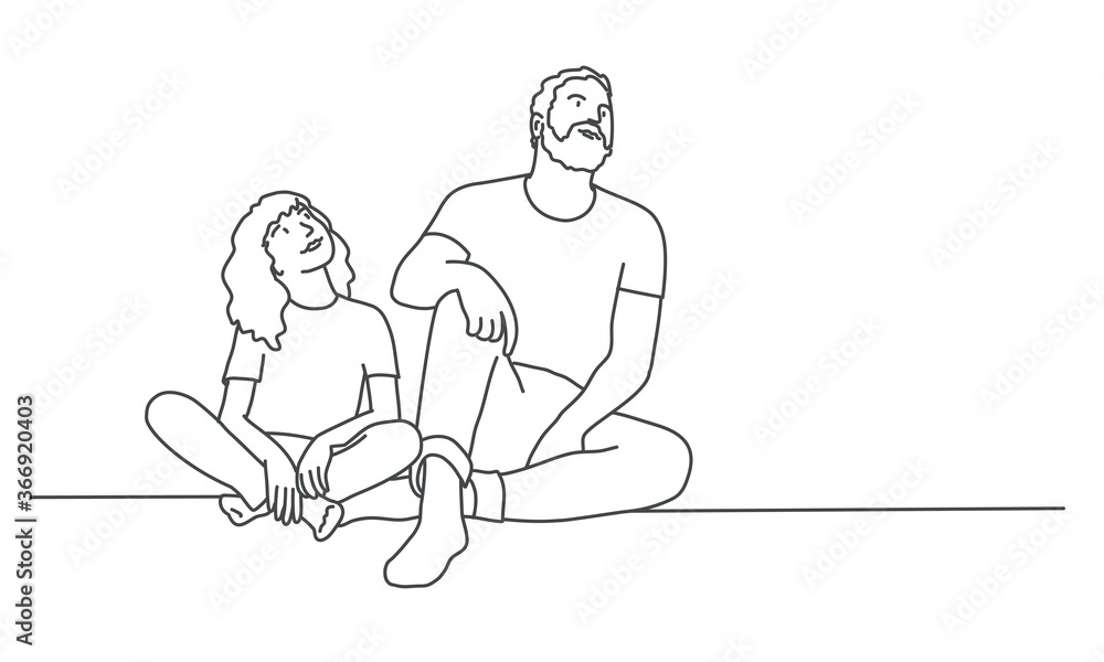 Father and daughter sit on the floor and look up. Line drawing vector illustration. Father and daughter sit on the floor and look up. Line drawing vector illustration.