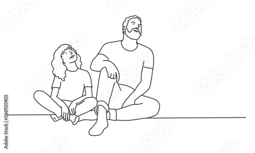 Father and daughter sit on the floor and look up. Line drawing vector illustration.