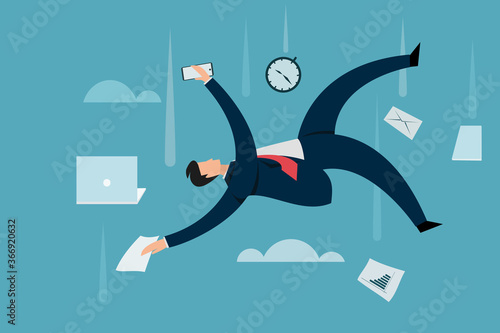 Illustration of a business executive falling down from sky while working with multiple tasks