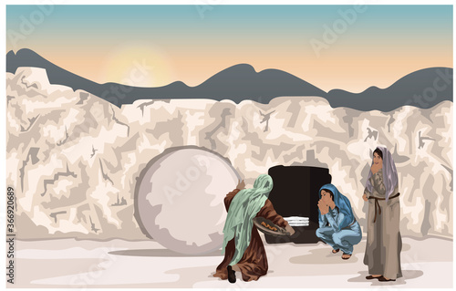Fototapeta Easter Story - Mary Magdalene and Other Women At Jesus' Tomb with Rolled Away St