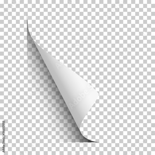 Vector page lower left curl with shadow on blank transparent sheet of paper
