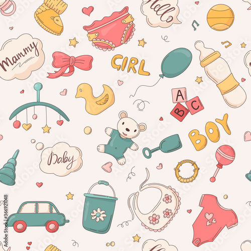 Vector illustration of cartoon baby pattern with things for a newborn.