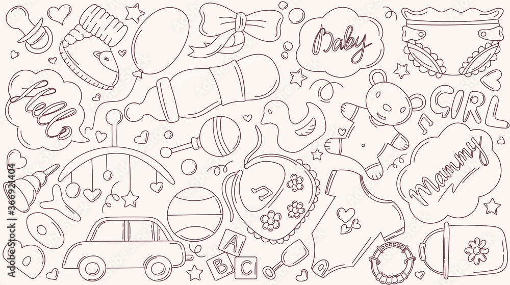 Vector illustration of cartoon baby pattern with things for a newborn.