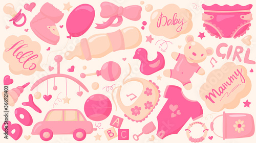 Vector illustration of cartoon baby pattern with things for a newborn.