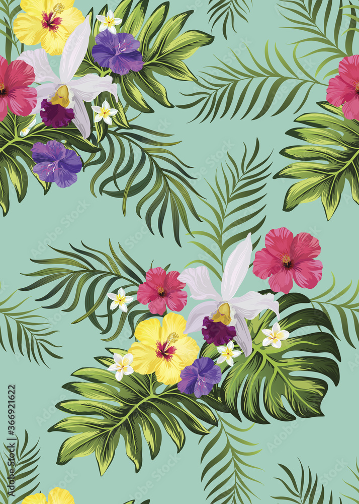 Tropical floral seamless pattern with exotic palm leaves. Trendy summer print with hibiscus  flowers.