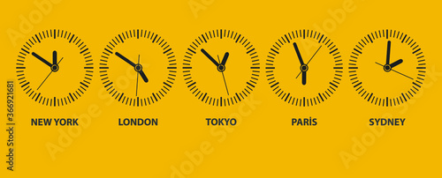 wall background with round city clocks.