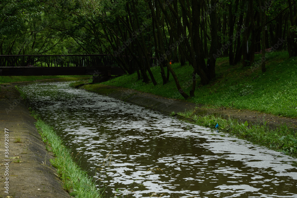 Naklejka premium white foam on the surface of the water in the reservoir of the city Park due to rising levels during heavy rains