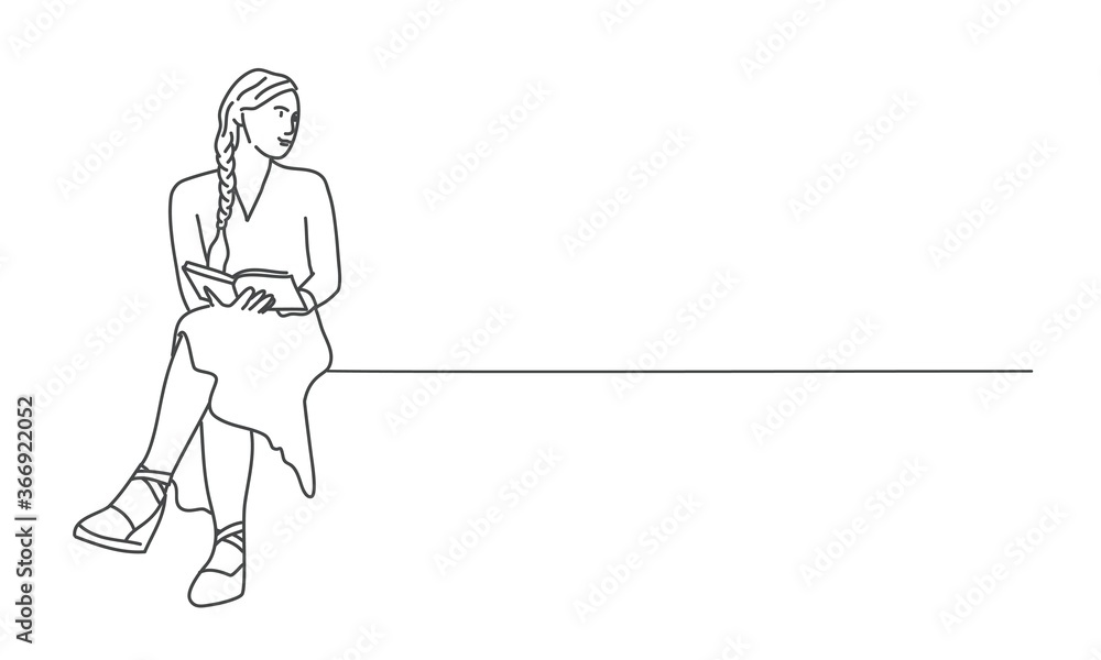 Line drawing vector illustration of sitting girl with a book. Line drawing vector illustration of sitting girl with a book.
