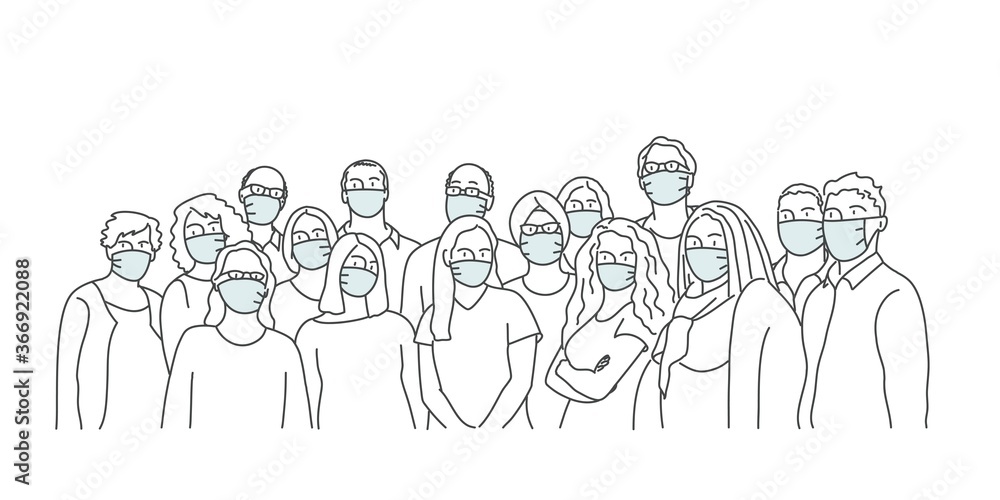 Line drawing vector illustration. Crowd of people wearing protective masks. Line drawing vector illustration. Crowd of people wearing protective masks.